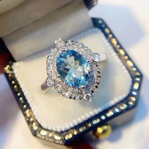 925 Silver Plated Sea Blue Oval Shaped CZ Ring for Women, FB16FA1034 - Picture 5 of 7